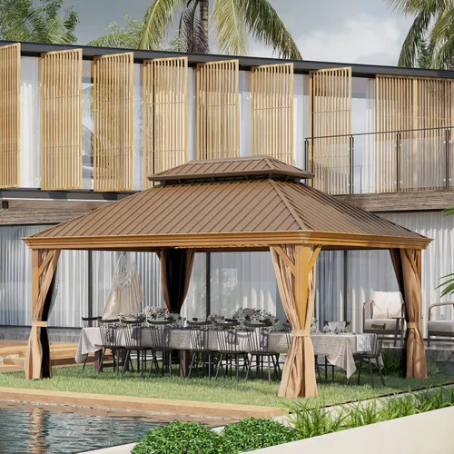 Miniatura 15 de Cenador de techo rígido de 12'x16', Cenador de patio de aluminio para exteriores con toldo de acero galvanizado de doble techo con malla y cortinas