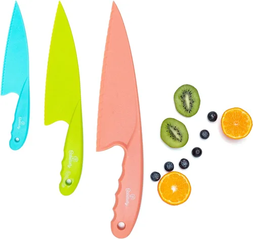 Baketivity Juego de cuchillos para niños de 3 piezas | Cuchillos seguros de plástico para niños para cocina | Juego de cuchillos para niños pequeños