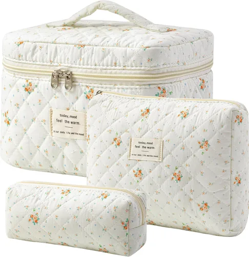 Miniatura 23 de HBselect Bolsa de maquillaje acolchada, 3 piezas de algodón grande, bolsa de maquillaje de viaje, bonita bolsa de maquillaje floral de coqueta