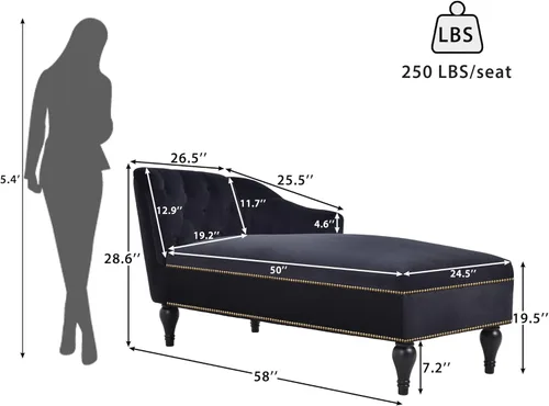 Miniatura 2 de Tumbona de terciopelo de 58 pulgadas, sillón con brazos copetudos con botones y ribete de cabeza de clavo y patas de madera maciza para sala