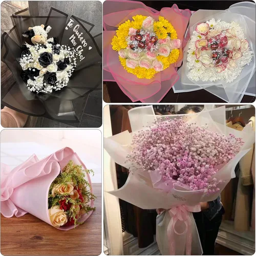 Miniatura 7 de VOWOVOSDAY 20 piezas de papel de regalo de flores rosas, papel de regalo de ramo de flores, papel de regalo floral, impermeable, material de Z- Rosa