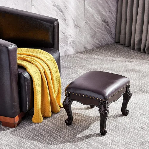 Miniatura 2 de LKZ Taburete otomano de cuero de microfibra para zapatos, taburete pequeño de madera, taburete reposapiés para sala de estar y dormitorio