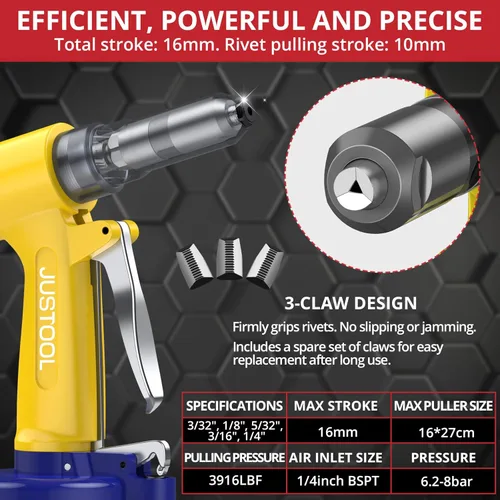 Miniatura 2 de JUSTOOL Pistola de remache neumática de alta resistencia 3916 LBF Air Rivet Gun-3/32", 1/8", 5/32", 3/16", 1/4" Remachadora de aire con NPT 1/4