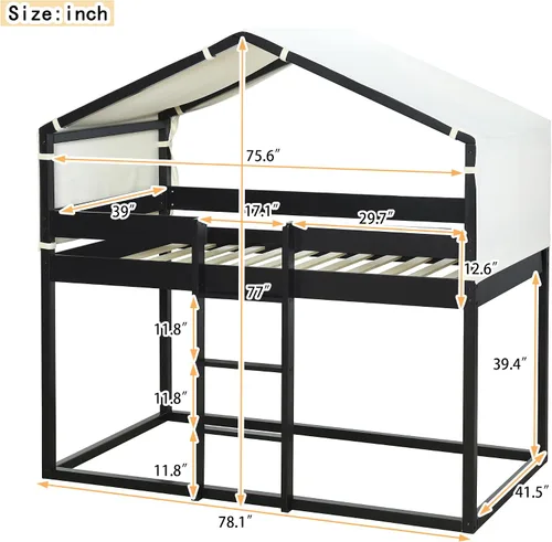 Miniatura 2 de P PURLOVE Litera individual sobre individual con tienda de campaña, litera de madera con diseño de techo, cama de casa de juegos para niños, niñas