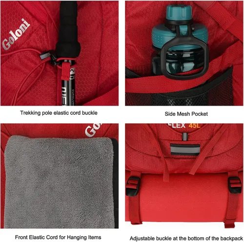 Miniatura 7 de Mochila de senderismo de 45 L con cubierta para lluvia, mochila de campamento plegable ligera para senderismo, resistente al agua con poste de Rojo