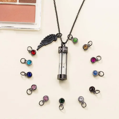 Miniatura 5 de PREKIAR Collar de urna de cremación para cenizas en forma de reloj de arena con dije de recuerdo 12 piedras de nacimiento y un ala de ángel