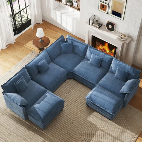 Miniatura 8 de WorthFurni Sofá Seccional Modular de 111.4", Sofá de Nube en Forma de U con 2 Otomanas Móviles, Cómodo Sofá de Chenille de Asiento Profundo