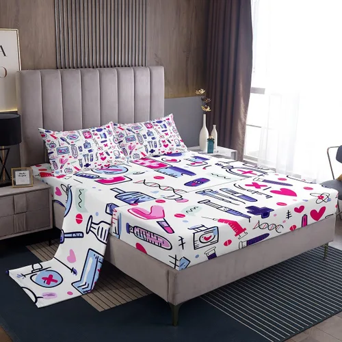 Miniatura 28 de Erosebridal Nurse Sheet Set Stethoscope Twin Sheets Set for Teen Boys,Colorful Medical Healthcare Heartbeat Syringe Fitted Sheet