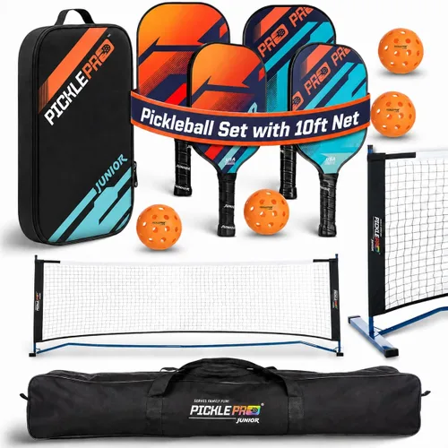 PicklePro Junior - Juego completo de pickleball probado en laboratorio para 6+ con red de 10 pies, incluye 4 paletas junior, pelotas y bolsa, kit de