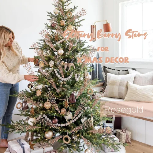 Miniatura 3 de 12 unidades de púas brillantes para árbol de Navidad, tallos de bayas con purpurina dorada, adornos de bayas artificiales, púas y ramas de Navidad