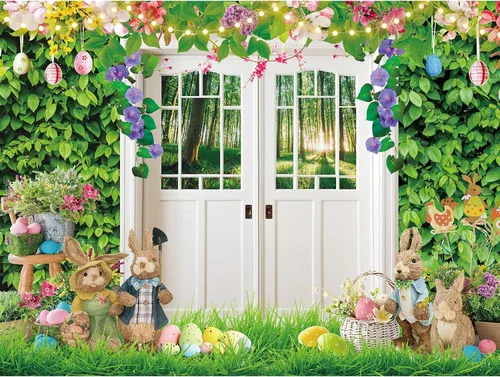 Miniatura 9 de FuWeave Telón de fondo de fotografía de Pascua de primavera de 8 x 6 pies, fondos de Pascua, huevos coloridos, flores, conejo, fondo de fotografía