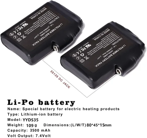Miniatura 4 de Batería Recargable de Polímero de Litio de 3500mAh 7.4V Paquete de Reemplazo para Guantes Térmicos Forros Manoplas Calcetines Chaleco Chaqueta