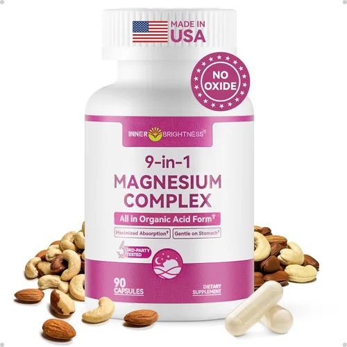 Complejo de magnesio 9 en 1, 300 mg de magnesio de 9 formas orgánicas, glicinato, citrato, malato, alta absorción para sueño y relajación, apoyo