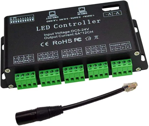 Controlador de tira de luz LED RGB AZIMOM, decodificador DMX de 12 canales, controlador de atenuación DMX512, módulo de luz LED DC5V-24V