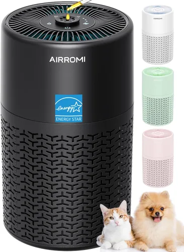 AIRROMI Purificador de aire para mascotas para alergias en el hogar, hasta 660 pies ². Filtro de carbón activado desodorizante HEPA, con esponja de