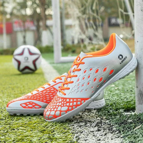 Miniatura 6 de LEOCI Zapatos de fútbol Suela de césped para hombres y mujeres y niños zapatos de goma en relieve duraderos para exteriores Plateadoanaranjado