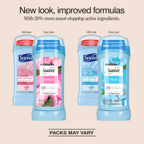 Miniatura 2 de Suave Desodorante antitranspirante para mujer, variedad fresca y en polvo, paquete de 2 unidades, barras sólidas invisibles antimanchas, sin talco