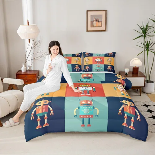 Miniatura 4 de Erosebridal Juego de edredón de robot tamaño Queen, juego de ropa de cama de decoración de robot espacial para dormitorio de niños y niños, juego