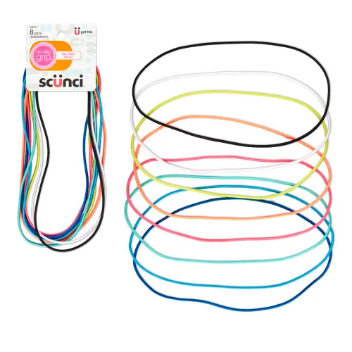 Scunci by Conair - Diadema elástica plana con agarre antideslizante, accesorios para el cabello para mujer, colores surtidos brillantes, 8 unidades