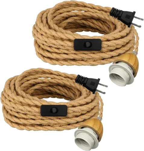 Miniatura 10 de Luces colgantes rústicas de granja con cable enchufable, cable de cuerda de cáñamo trenzada de 16.7 pies, pantalla tejida de cáñamo de 23x10 cm