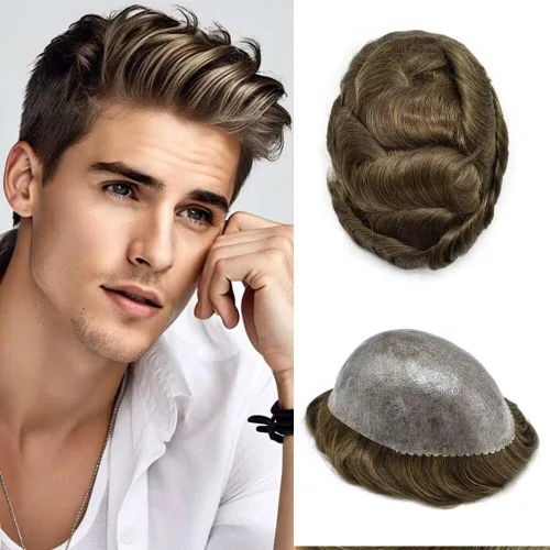 Miniatura 60 de Peluca completa de poliuretano para hombre, sistemas de reemplazo de cabello humano, piel fina y duradera, para hombre, prótesis de cabello
