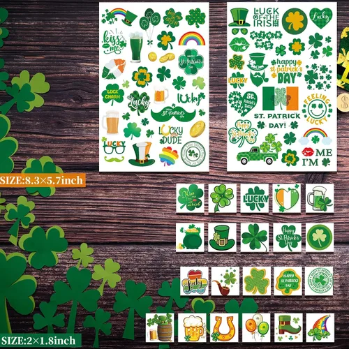Miniatura 3 de Zeecdatoo 23 hojas grandes de accesorios de tatuajes para el día de San Patricio, más de 100 piezas de tatuajes temporales de trébol de la suerte