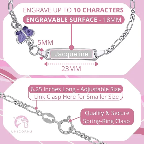 Miniatura 2 de UNICORNJ Pulsera de plata de ley 925 Italia con nombre para niños o bebés pulseras de identificación grabadas personalizadas para niños cadena