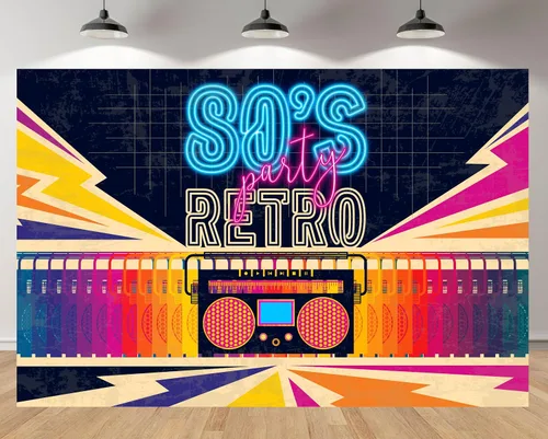 Fondo retro de 5 x 3 pies para fiesta de los años 80 con letras de neón, fondo colorido vintage para temática de los años 80, baile, música,