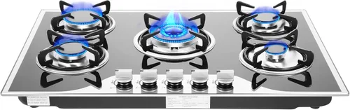 Estufa de gas de 30 pulgadas, 5 quemadores empotrados de acero inoxidable, estufa convertible GLP/NG, estufa de gas sellada de combustible doble,