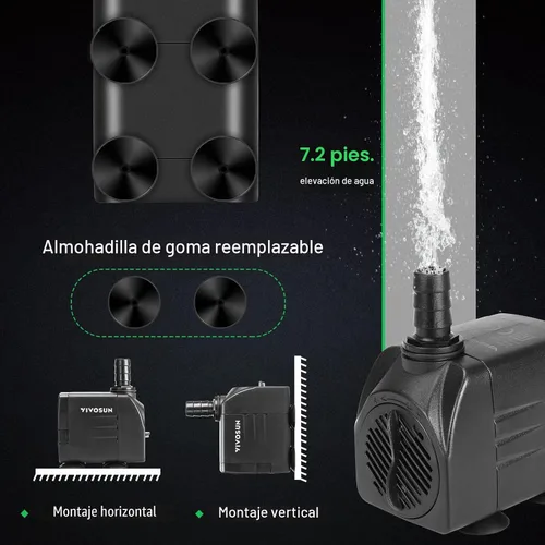 Miniatura 3 de VIVOSUN Bomba sumergible de 480 GPH (1800 L/H, 25 W), bomba de agua ultra silenciosa con elevación de 7.2 pies, bomba de fuente con cable