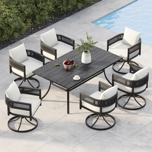 Miniatura 16 de Juego de comedor al aire libre Grand Patio de 5 piezas para 4, sillas de patio fijas de mimbre tejido metálico con cojines engrosados y 1 mesa