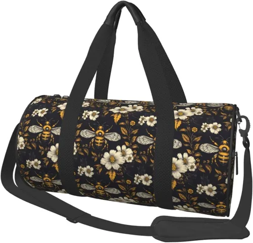 Large Duffle Bag for Travel - Retro Floral Bee Yellow Print Gym Bag for Women Men, Travel Foldable Bags for Women Men with Zippered Multiple Pockets
