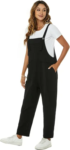 Miniatura 5 de Flygo Overol de algodón y lino para mujer, ajuste holgado, pierna ancha, con bolsillos
