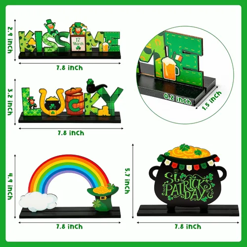 Miniatura 2 de WATINC 4 piezas de decoración de mesa de madera del día de San Patricio, decoración de centro de mesa de madera de trébol, bandeja escalonada