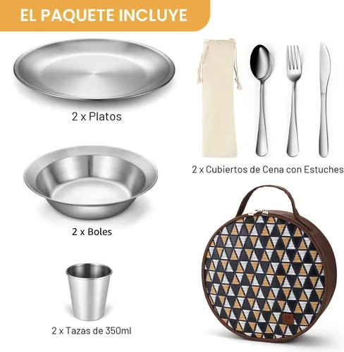 Miniatura 3 de Odoland Juego de utensilios de cocina de acero inoxidable para acampar para familia y persona, cubiertos de vajilla de cocina con platos, tazones