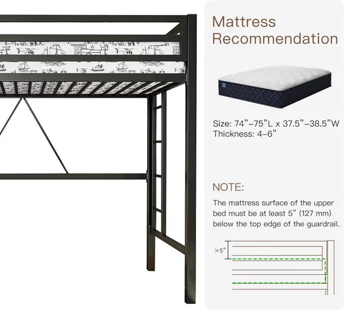 Miniatura 4 de ikalido - Cama elevada de metal tamaño individual con barandilla de seguridad y escalera, no necesita somier, muebles de dormitorio que ahorran