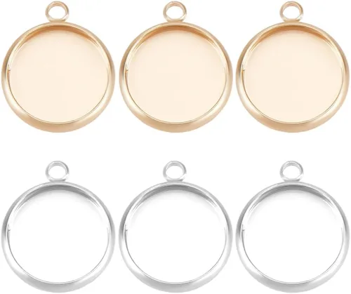 Miniatura 9 de Beebeecraft 24 bandejas colgantes redondas de bisel en blanco de 6/10/0.472 in, chapado en oro de 18 quilates, configuración de base de cabujón