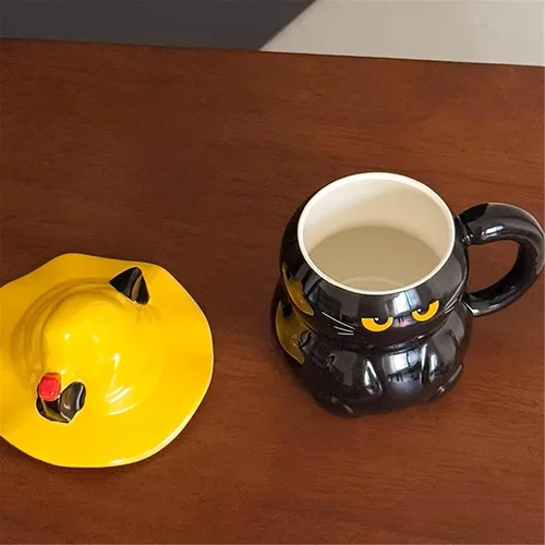 Miniatura 7 de Taza de café de cerámica, diseño de gato negro, hecho a mano, con sombrero de mago, tapa, asa, oficina, hogar, chocolate caliente con leche, regalos