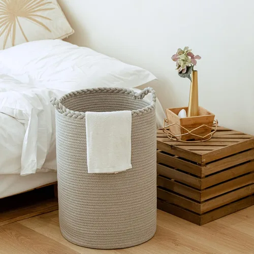 Miniatura 14 de Canasta de lavandería tejida de algodón de 58 litros, cesta alta para ropa, mantas, almohadas, juguetes, zapatos, gran cesta de lavandería