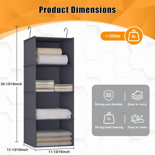 Miniatura 3 de Organizador colgante para armario, fácil de montar, estantes colgantes plegables con 4 compartimentos, para guardar ropa, bolsos, zapatos y Gris