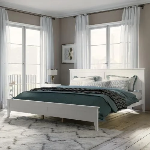 Miniatura 8 de Majnesvon Cama de plataforma de tamaño matrimonial con cabecera y estribo, cama de plataforma de madera maciza blanca de estilo conciso tradicional