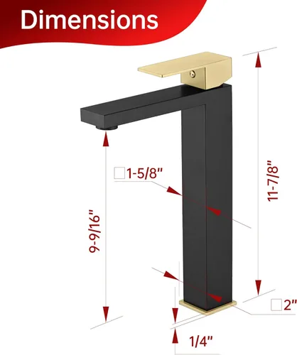 Miniatura 8 de sumerain Grifo de lavabo de recipiente, grifo de baño alto de acero inoxidable 304 con una sola manija, un solo agujero, negro y dorado, sin plomo
