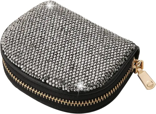 AsAlways RFID Rhinestone titular de la tarjeta de crédito semicírculo multicapa cremallera caso Bling Crystal Slim pequeña cartera para mujeres,