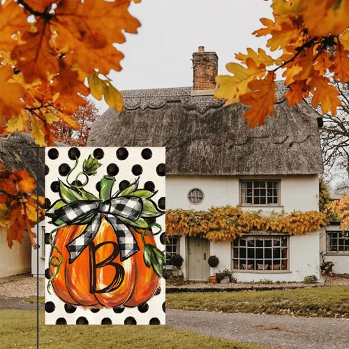 Miniatura 3 de AVOIN colorlife Bandera de jardín con monograma de otoño con letra B, diseño de calabaza, con diseño de lunares, 12 x 18 pulgadas, doble cara