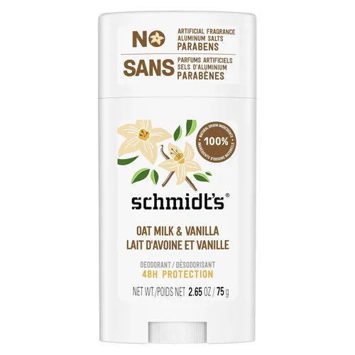 Schmidt's Desodorante vegano sin aluminio con vainilla y leche de avena con protección contra olores las 24 horas, para mujeres y hombres,