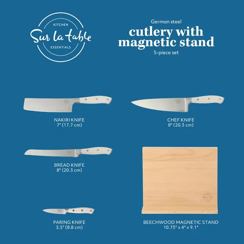 Miniatura 2 de Sur La Table Kitchen Essentials - Juego de 5 piezas de cuchillos de acero alemán con mango triple remachado en bloque magnético de madera de haya
