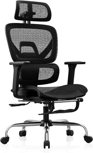Miniatura 9 de Synorla Silla de oficina ergonómica con reposapiés, silla de escritorio de malla con reclinación de 135°, soporte lumbar ajustable, reposabrazos