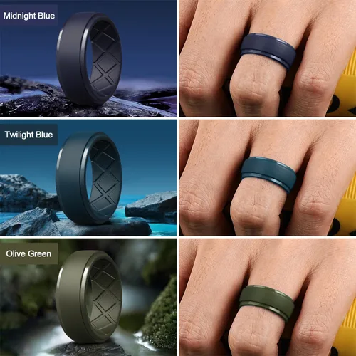 Miniatura 14 de Egnaro - Anillos de silicona para hombre, 25/64 pulgadas (10 mm) de ancho y 3/32 pulgadas (2.5 mm) de grosor, alianzas de boda de goma, paquete