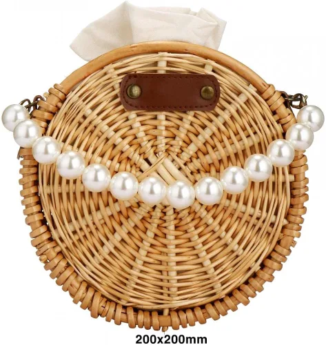 Miniatura 5 de Bolso de playa para mujer, bolso de mimbre rectangular tejido a mano, bolso de mimbre con perlas, bolso retro de paja de verano