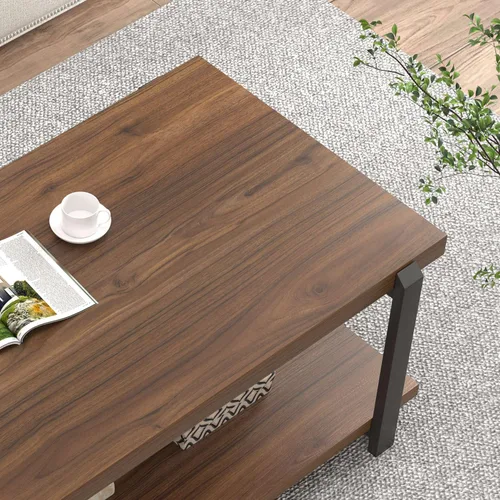 Miniatura 4 de FOLUBAN - Mesa de café moderna con estante de almacenamiento, mesa central de madera rústica para sala de estar, nogal